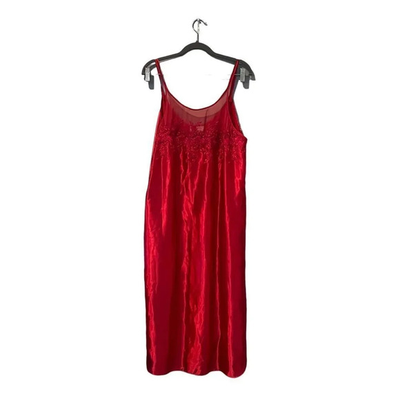 Dentelle‎ Vintage 80s Red Slip Midi Dress / Nightgown with Lace Accents - Picture 1 of 4